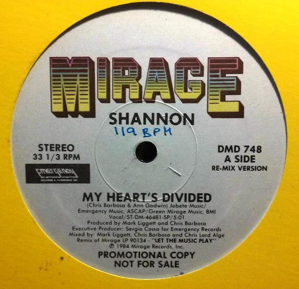 Shannon : My Heart's Divided (Re-Mix Version) (12", Maxi, Promo)