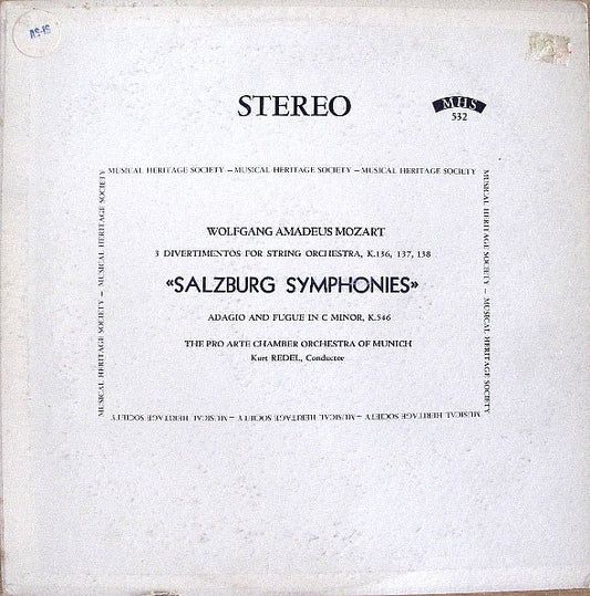 Wolfgang Amadeus Mozart  /  Orchestre Pro Arte De Munich, Kurt Redel : 3 Divertimenti For String Orchestra - K. 136, 137, 138 "Salzburg Symphonies" - Adagio And Fugue In C Minor, K. 546 (LP, RE)