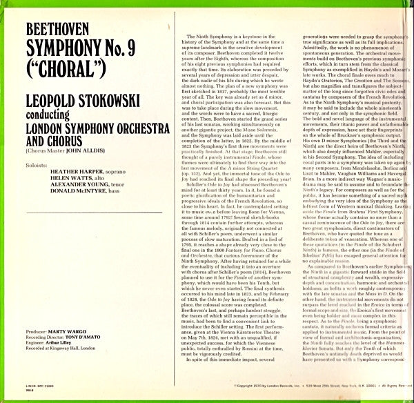 Ludwig van Beethoven - Leopold Stokowski Conducting London Symphony Orchestra And London Symphony Chorus : Symphony No. 9 ("Choral") (LP, Gat)