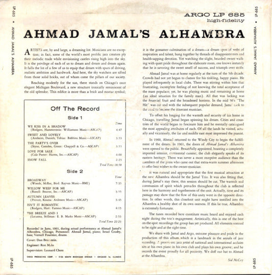 Ahmad Jamal : Ahmad Jamal's Alhambra (LP, Album, Mono)