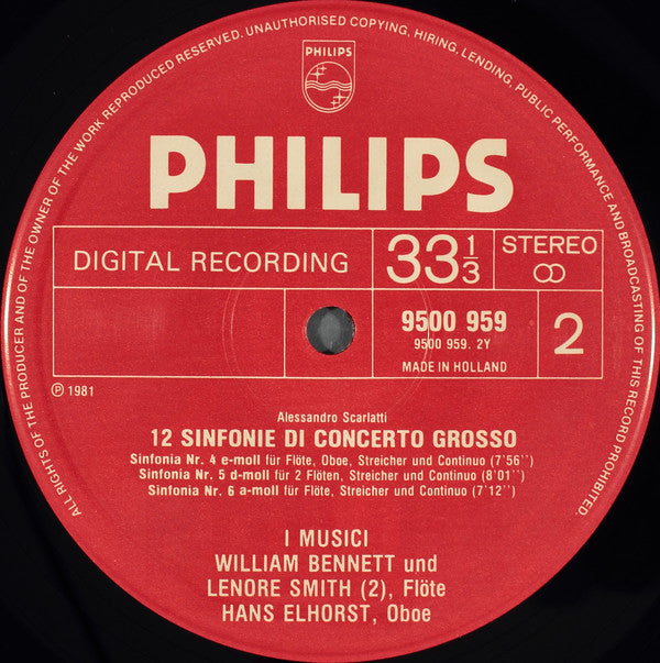 Alessandro Scarlatti, I Musici, William Bennett (3), Hans Elhorst, Lenore Smith, Bernard Soustrot : 12 Sinfonie Di Concerto Grosso (2xLP + Box)