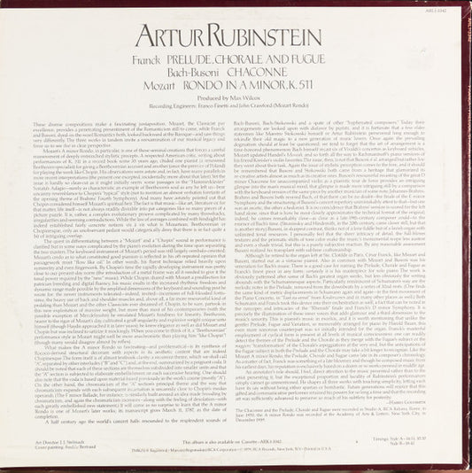 Arthur Rubinstein, César Franck, Johann Sebastian Bach - Ferruccio Busoni, Wolfgang Amadeus Mozart : Prélude, Chorale And Fugue / Chaconne / Rondo In A Minor (LP, Album)