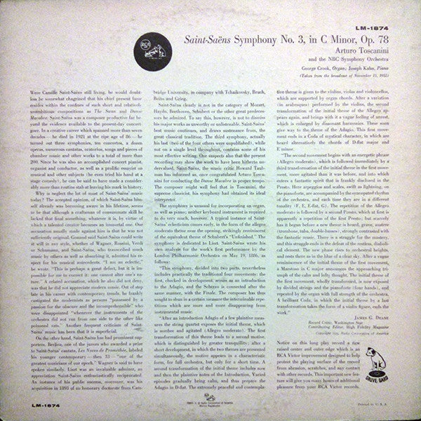 Arturo Toscanini And  NBC Symphony Orchestra, Camille Saint-Saëns : Symphony No. 3 (LP, Album, Mono)