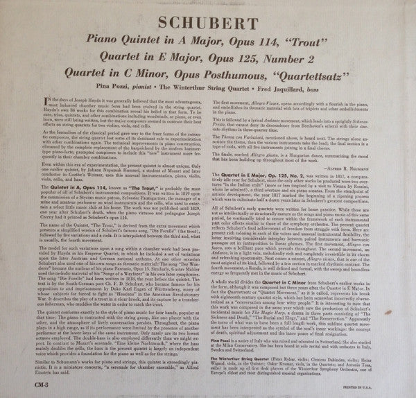 Pina Pozzi, Streichensemble Winterthur, Fred Jaquillard : Schubert Piano Quartet In A Major, Opus 114, "Trout"; Quartet In E Major, Opus 25, No. 2; Quartet In C Minor, Opus Posthumous, "Quartettsatz" (LP, Album, Mono, Red)