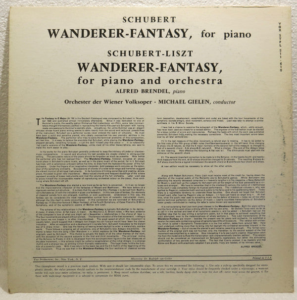 Franz Schubert / Franz Liszt - Alfred Brendel, Michael Gielen, Wiener Volksopernorchester : Wanderer-Fantasy, For Piano / Wanderer-Fantasy, For Piano And Orchestra (LP)