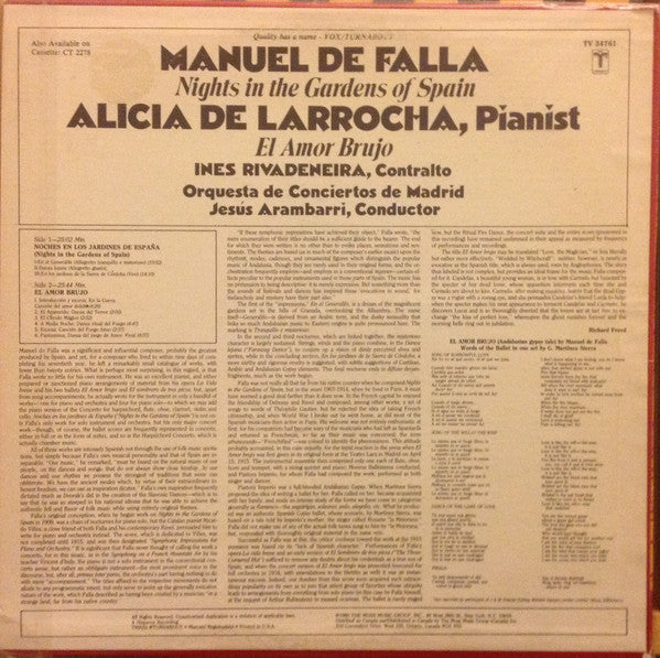 Manuel De Falla, Alicia De Larrocha, Inés Rivadeneira, Jesus Arambarri, Orquesta De Conciertos De Madrid : Nights In The Gardens Of Spain, El Amor Brujo (LP, Album)