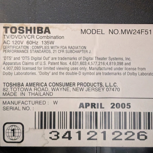 TOSHIBA MW24F51 24” TV w/ VHS (DVD does not work.) ***PICK-UP ONLY***