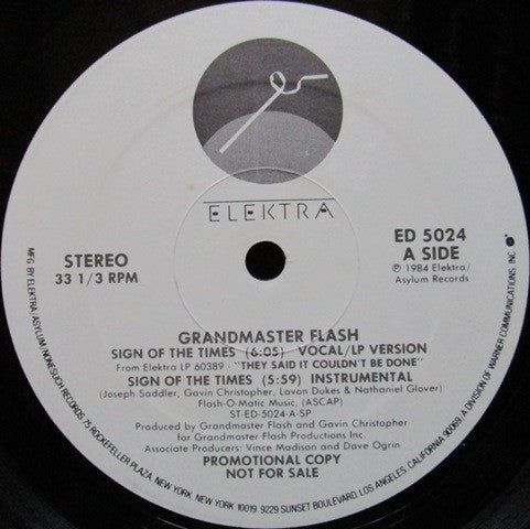 Grandmaster Flash : Sign Of The Times (12", Single, Promo)