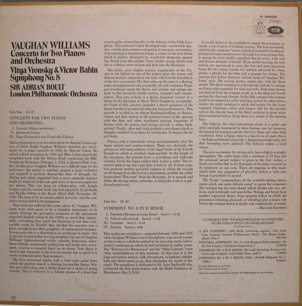 Ralph Vaughan Williams, Vronsky And Babin, Sir Adrian Boult, London Philharmonic Orchestra : Concerto For Two Pianos And Orchestra / Symphony No.8 (LP, Album)