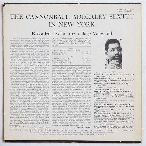 Cannonball Adderley Sextet : In New York (LP, Album, Mono, Dee)