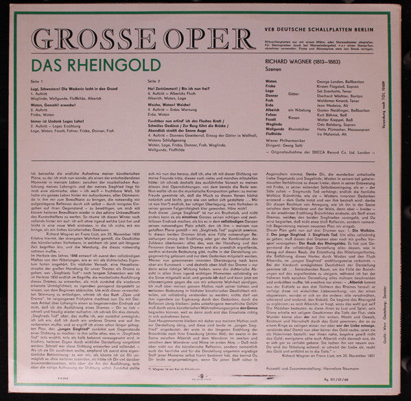 Richard Wagner, George London (2), Set Svanholm, Gustav Neidlinger, Eberhard Wächter, Waldemar Kmentt, Kurt Böhme, Walter Kreppel, Kirsten Flagstad, Claire Watson, Jean Madeira, Wiener Philharmoniker, Georg Solti : Das Rheingold (Szenen) (LP)