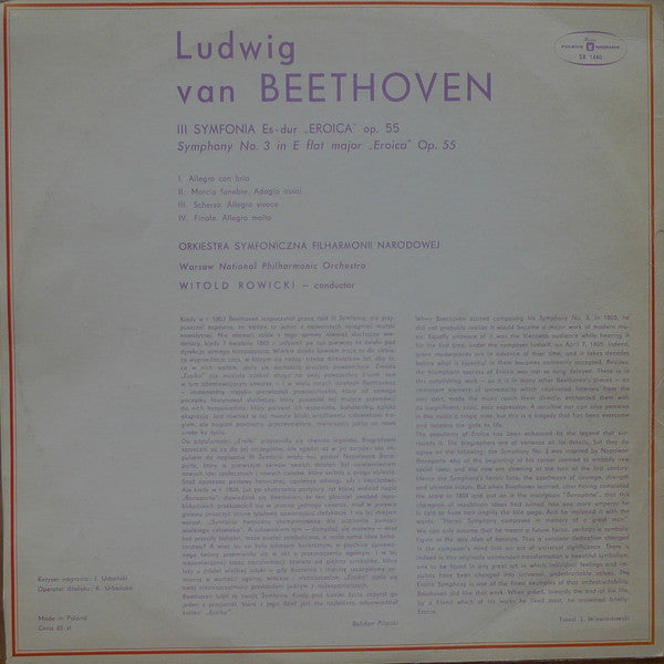 Ludwig van Beethoven, Orkiestra Symfoniczna Filharmonii Narodowej, Witold Rowicki : Symphony No. 3 In E-Flat, Op. 55 "Eroica" (LP, Bla)