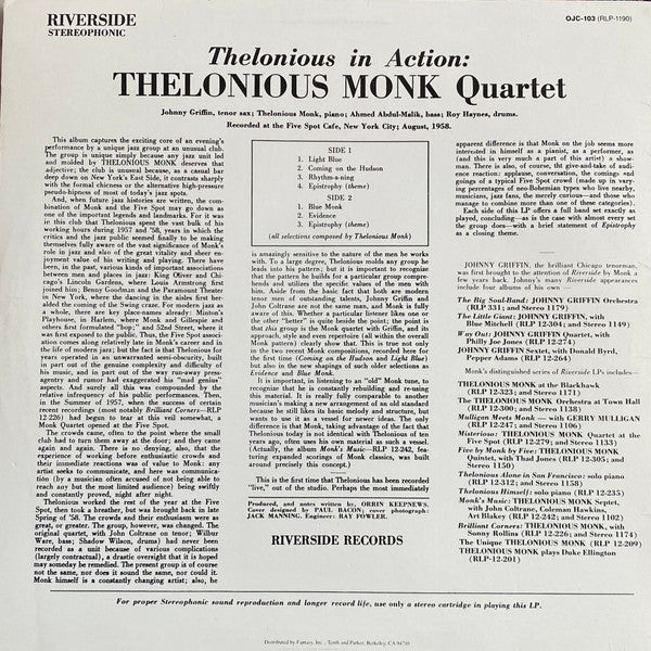 The Thelonious Monk Quartet With Johnny Griffin : Thelonious In Action (LP, Album, RE)