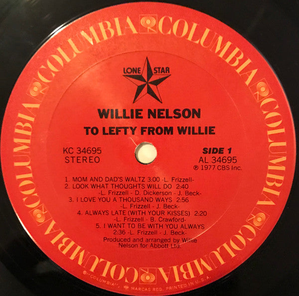 Willie Nelson : To Lefty From Willie (LP, Album, Pit)