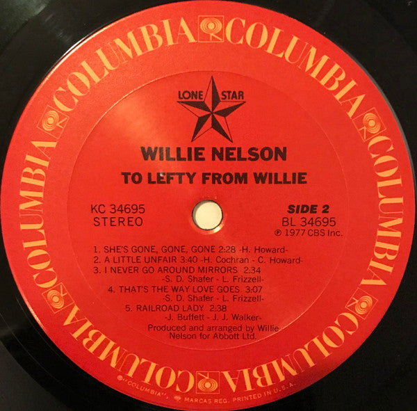 Willie Nelson : To Lefty From Willie (LP, Album, Pit)