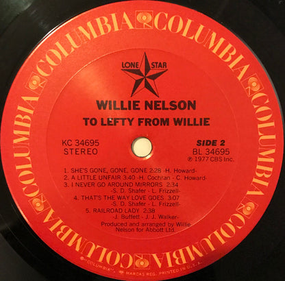 Willie Nelson : To Lefty From Willie (LP, Album, Pit)