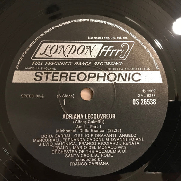 Francesco Cilea, Renata Tebaldi, Mario del Monaco, Giulietta Simionato, Giulio Fioravanti, Silvio Maionica, Franco Ricciardi, Dora Carral, Fernanda Cadoni, Giovanni Foiani, Angelo Mercuriali, Orchestra dell'Accademia Nazionale di Santa Cecilia, Coro dell' : Adriana Lécouvreur (3xLP, RE)
