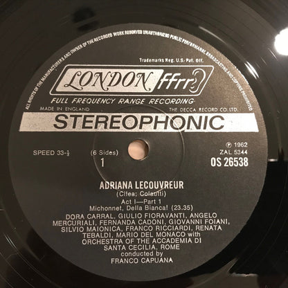 Francesco Cilea, Renata Tebaldi, Mario del Monaco, Giulietta Simionato, Giulio Fioravanti, Silvio Maionica, Franco Ricciardi, Dora Carral, Fernanda Cadoni, Giovanni Foiani, Angelo Mercuriali, Orchestra dell'Accademia Nazionale di Santa Cecilia, Coro dell' : Adriana Lécouvreur (3xLP, RE)