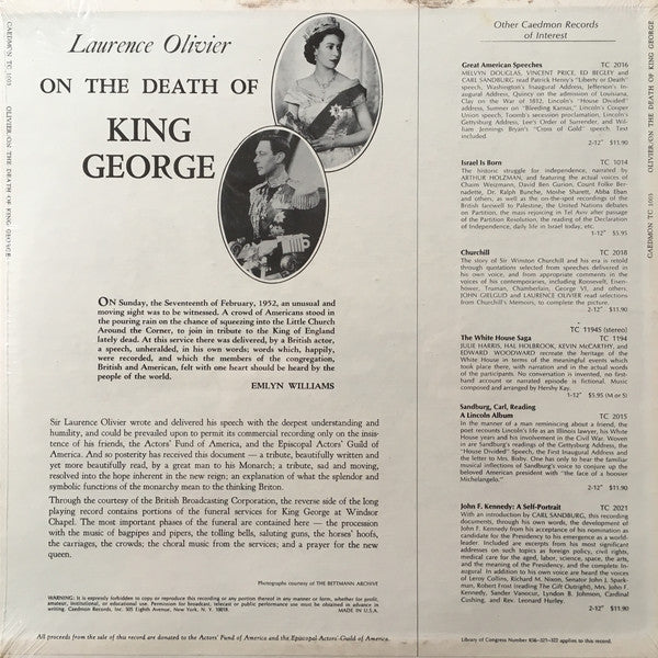 Laurence Olivier : On The Death Of King George (LP, RP)