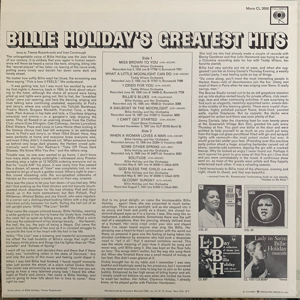 Billie Holiday : Billie Holiday’s Greatest Hits (LP, Comp, Mono, RE)