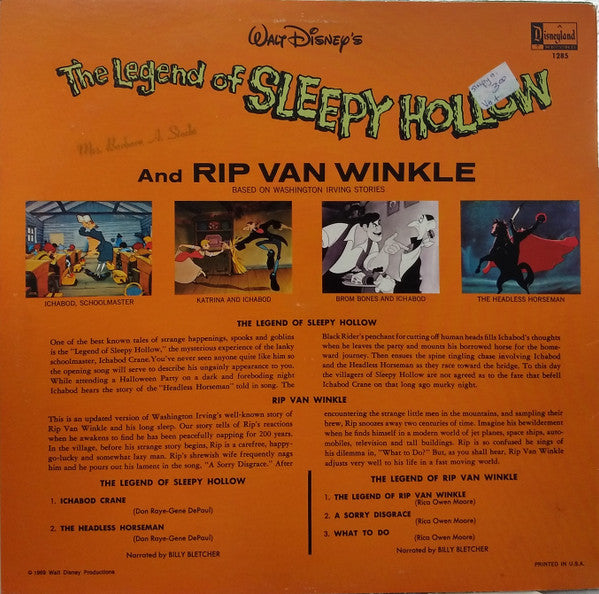 Billy Bletcher : Walt Disney's The Legend Of Sleepy Hollow And Rip Van Winkle (LP, Album, RE, RP)