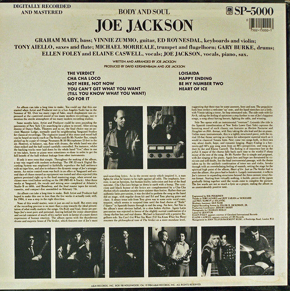 Joe Jackson : Body And Soul (LP, Album, Ind)