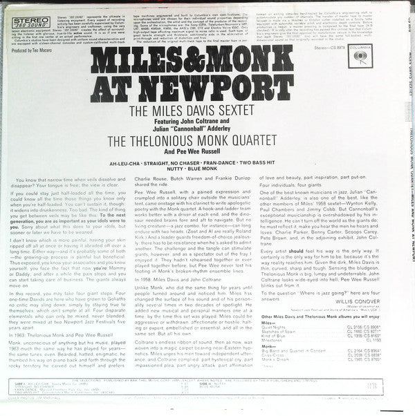 The Miles Davis Sextet & The Thelonious Monk Quartet : Miles & Monk At Newport (LP, Album)