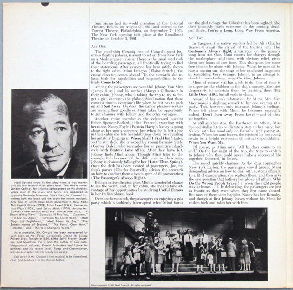 Noël Coward / Starring Elaine Stritch : Sail Away  (Original Broadway Cast) (LP, Album, Scr)