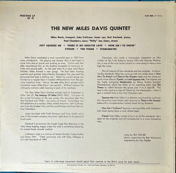 The Miles Davis Quintet : Miles (LP, Album, Mono, RE, Ter)