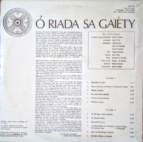 Seán Ó Riada Le Seán Ó Sé Agus Ceoltóirí Chualann : Ó Riada Sa Gaiety (LP)