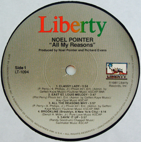 Noel Pointer : All My Reasons (LP, Album, Win)
