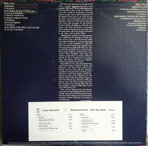 The Motors : Approved By The Motors (LP, Album, Promo)