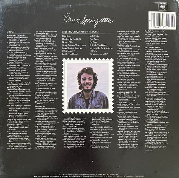 Bruce Springsteen : Greetings From Asbury Park, N.J. (LP, Album, RE, Car)