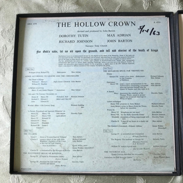 Max Adrian, John Barton (2), Richard Johnson (3), Dorothy Tutin Presented By Royal Shakespeare Company : The Hollow Crown  (2xLP + Box)