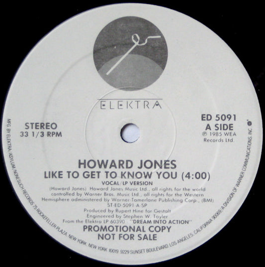 Howard Jones : Like To Get To Know You (12", Single, Promo)