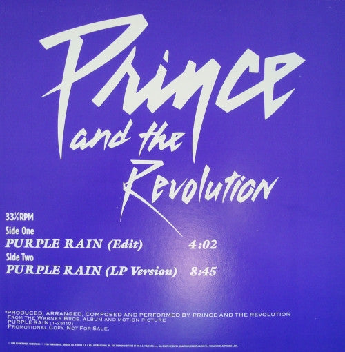 Prince And The Revolution : Purple Rain (12", Single, Promo, Pur)