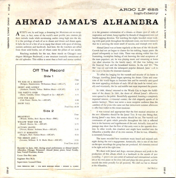 Ahmad Jamal : Ahmad Jamal's Alhambra (LP, Album, Mono)