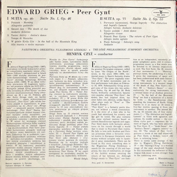 Edvard Grieg / Orkiestra Symfoniczna Państwowej Filharmonii W Łodzi / Henryk Czyż : Peer Gynt Suita Nr 1-2 (LP, Album, Yel)
