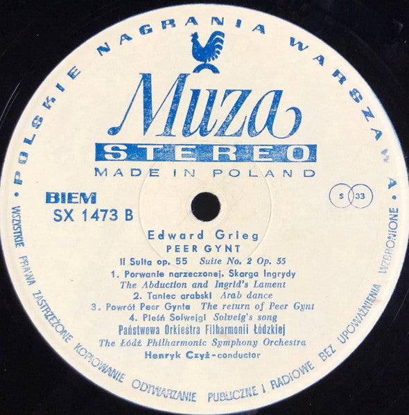 Edvard Grieg / Orkiestra Symfoniczna Państwowej Filharmonii W Łodzi / Henryk Czyż : Peer Gynt Suita Nr 1-2 (LP, Album, Yel)