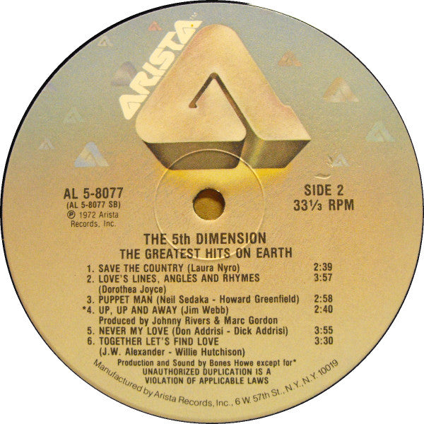 The Fifth Dimension : Greatest Hits On Earth (LP, Comp, RE)