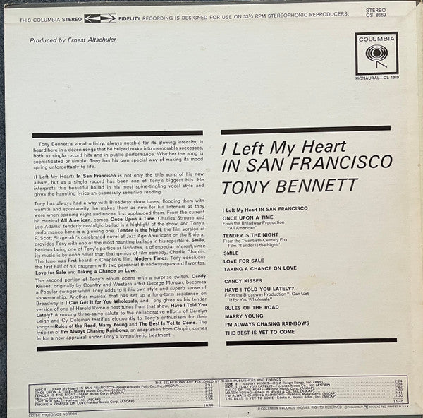 Tony Bennett : I Left My Heart In San Francisco (LP, Album, Pit)