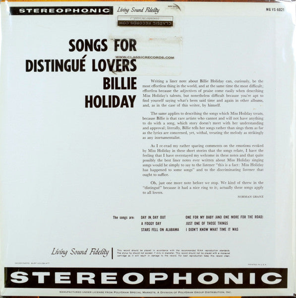 Billie Holiday : Songs For Distingué Lovers (LP, Album, RE, 200)