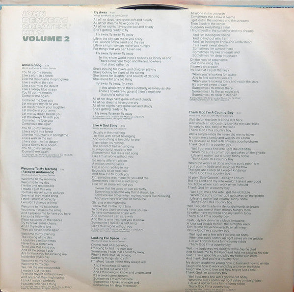 John Denver : John Denver's Greatest Hits Vol. 2 (LP, Comp, RE)