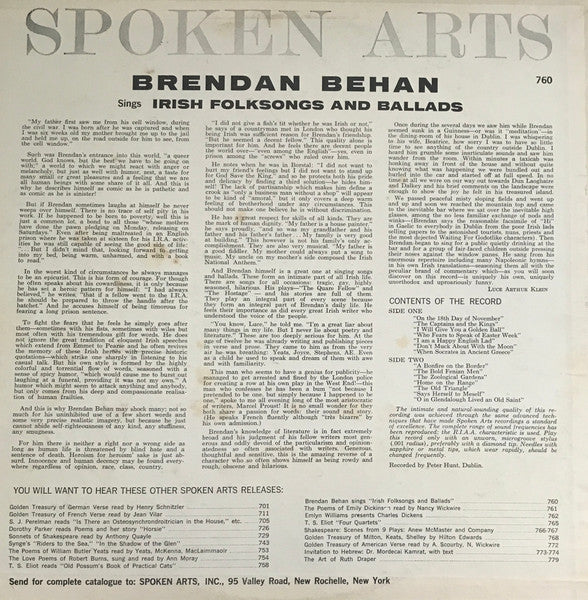 Brendan Behan : Irish Folksongs And Ballads (LP, Album, Mono)