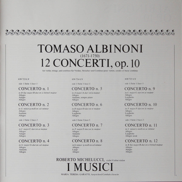 Tomaso Albinoni – Roberto Michelucci, I Musici : 12 Concerti, Op. 10 (3xLP + Box, Album)