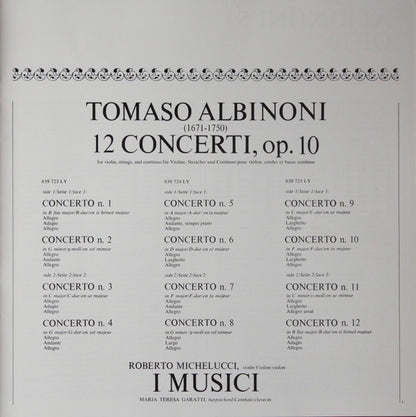 Tomaso Albinoni – Roberto Michelucci, I Musici : 12 Concerti, Op. 10 (3xLP + Box, Album)