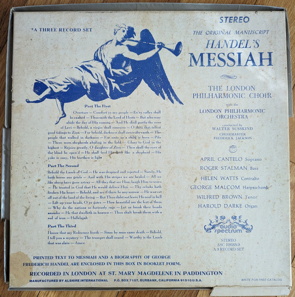 Georg Friedrich Händel, London Philharmonic Orchestra, Walter Susskind, London Philharmonic Choir, Frederick Jackson : The Messiah (The Original Manuscript) (3xLP, Album + Box)