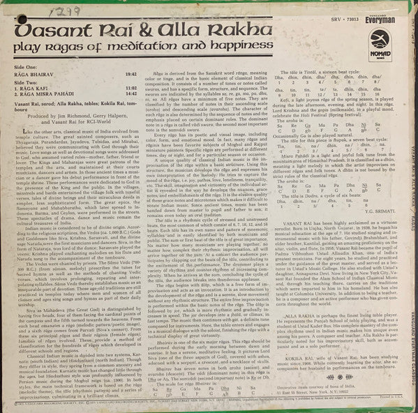 Vasant Rai & Alla Rakha : Play Ragas Of Meditation And Happiness (LP, Album)
