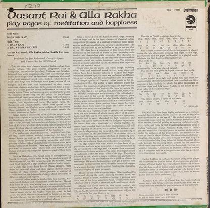 Vasant Rai & Alla Rakha : Play Ragas Of Meditation And Happiness (LP, Album)