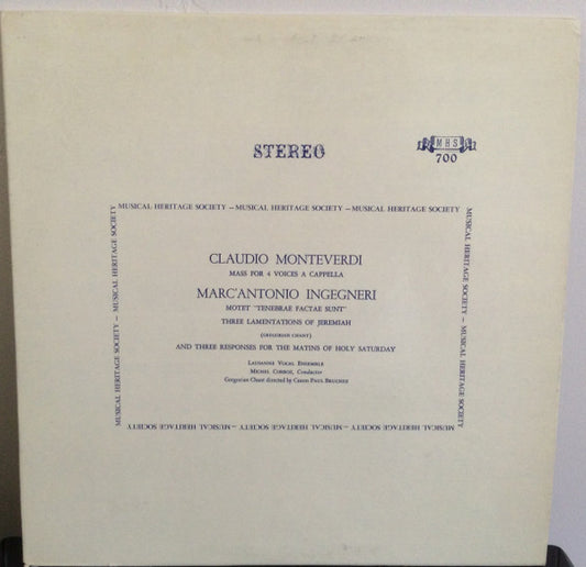 Ensemble Vocal De Lausanne, Claudio Monteverdi, Marco Antonio Ingegneri : Mass For Voices / Motet Tenegrae Factae Sunt / Three Lamentations Of Jeremiah / Three Responses For The Matins Of Holy Saturday (LP)